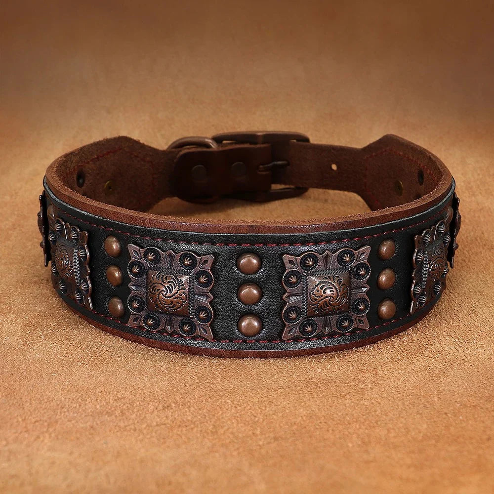 Cool Spiked Dog Collar for Medium Large Dogs Genuine Leather Pitbull Bulldog Adjustable Pet Accessories Collars Necklace (L)