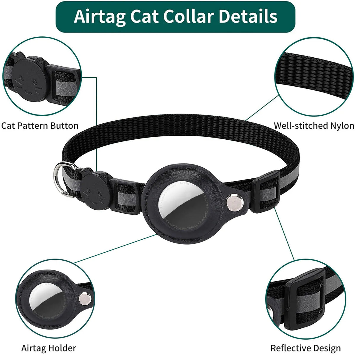 Breakaway Reflective AirTag Cat Collar with Bell