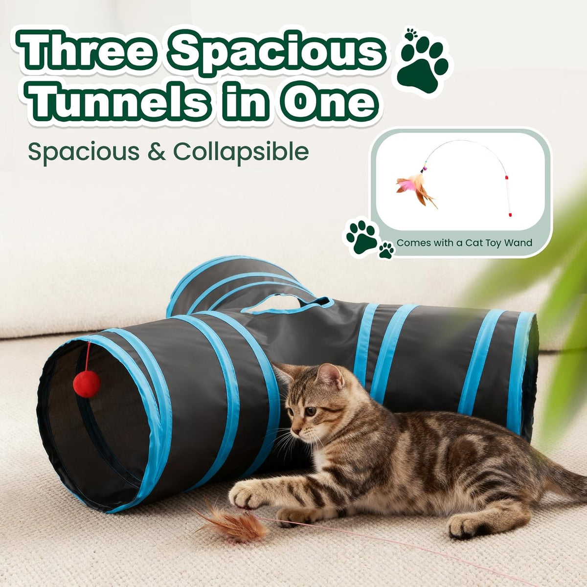 Cat Tunnel for Indoor Cats, 3-Way Collapsible Play Tunnel