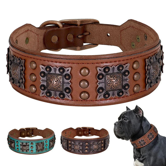 Cool Spiked Dog Collar for Medium Large Dogs Genuine Leather Pitbull Bulldog Adjustable Pet Accessories Collars Necklace (L)