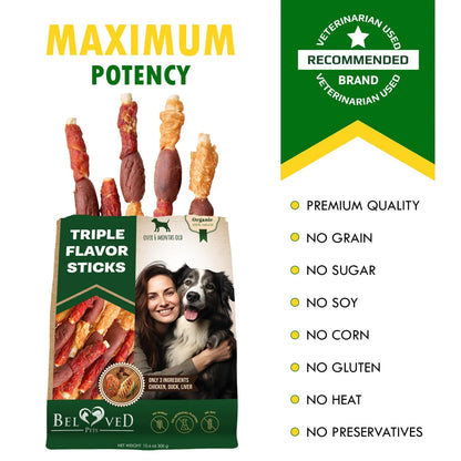 Triple Flavor Dog Rawhide Treats Duck & Chicken Human Grade Meat Natural & Organic Pet Dried Snacks Grain Free Long Lasting Chews for Large & Small Dogs Best Sticks for Healthy Teeth