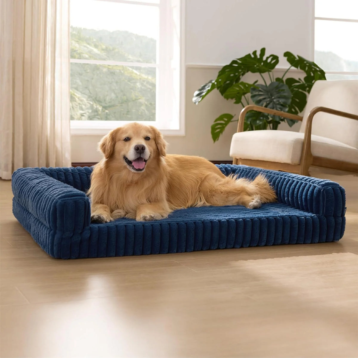 Orthopedic Dog Beds for Extra Large Dogs, Waterproof Memory Foam XL Pet Bed with Sides, Non-Slip and Egg-Crate Foam Big Dog Couch Sofa with Washable Removable Corduroy Cover, Blue