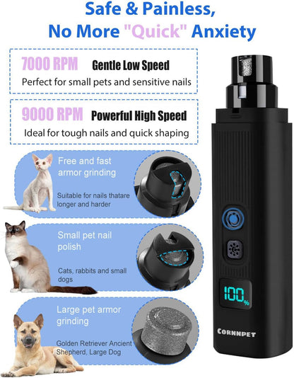 Electric Dog Nail Grinder with 2 Level LED Lights,2 Speed 30Db Super Quiet and Low Vibration Fast Charge Pet Nail Grinder for Small Dogs and Cats - Black