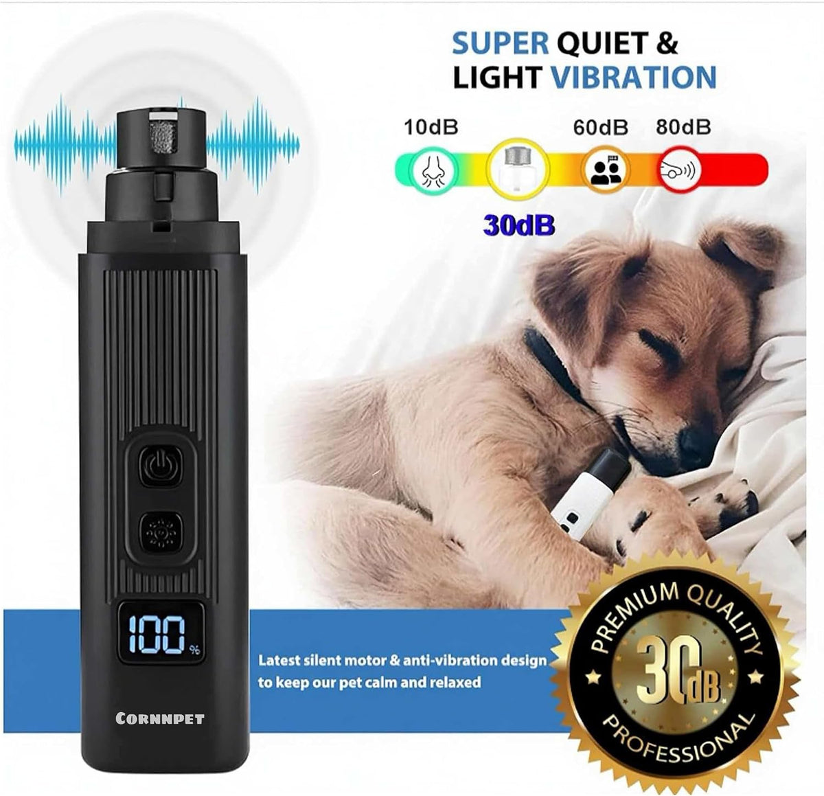 Electric Dog Nail Grinder with 2 Level LED Lights,2 Speed 30Db Super Quiet and Low Vibration Fast Charge Pet Nail Grinder for Small Dogs and Cats - Black