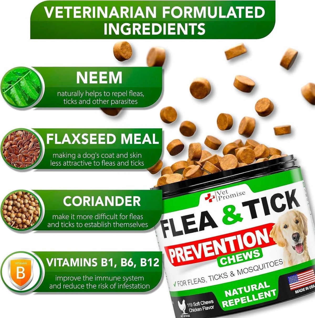 Flea and Tick Prevention for Dogs Chews Natural Dog Flea and & Tick Control Advanced Oral Pills Supplement Treatment for All Breeds & Size Vet Formulated Soft Chewables Made in USA