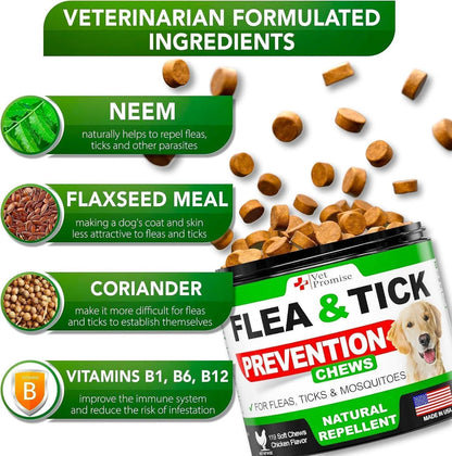 Flea and Tick Prevention for Dogs Chews Natural Dog Flea and & Tick Control Advanced Oral Pills Supplement Treatment for All Breeds & Size Vet Formulated Soft Chewables Made in USA