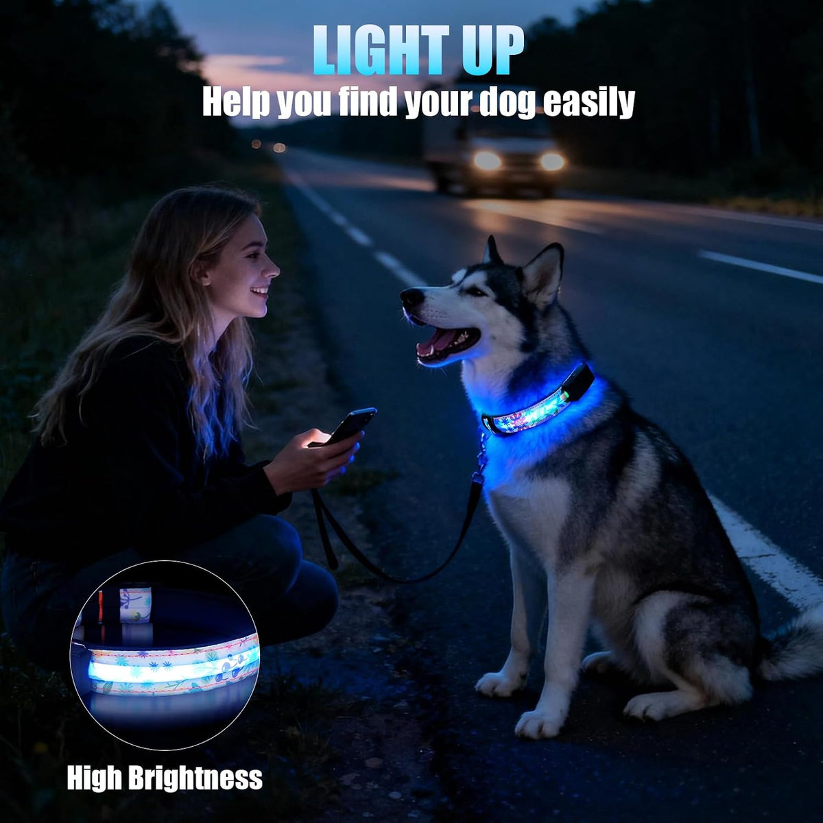 LED Dog Collar Rechargeable Color Changing, Brightest Light up Dog Collars