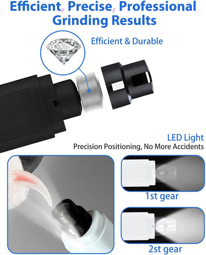Electric Dog Nail Grinder with 2 Level LED Lights,2 Speed 30Db Super Quiet and Low Vibration Fast Charge Pet Nail Grinder for Small Dogs and Cats - Black